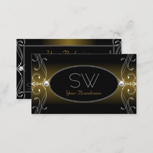 Black Gold Brown Ornate Sparkle Diamonds Monogram Business Card