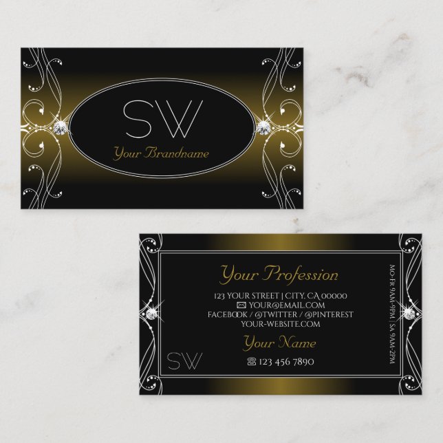 Black Gold Brown Ornate Sparkle Diamonds Monogram Business Card (Front/Back)