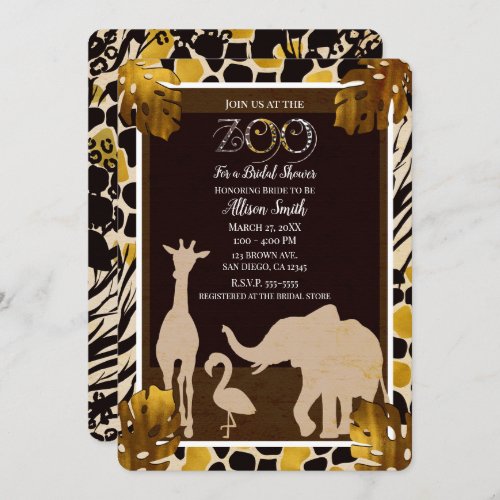 Black Gold Brown Zoo Animals Safari Bridal Shower Invitation