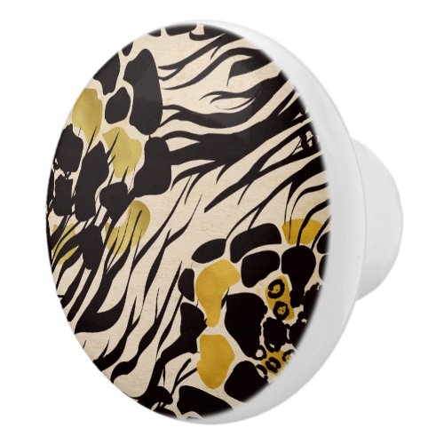 Black Gold Brown Zoo Animals Safari Print Party Ceramic Knob