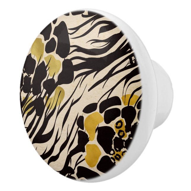 Black Gold Brown Zoo Animals Safari Print Party Ceramic Knob (Right)