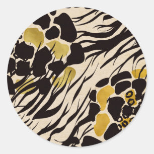 Black Gold Brown Zoo Animals Safari Print Party Classic Round Sticker