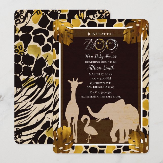 Black Gold Brown Zoo Animals Safari Print Party Invitation (Front/Back)