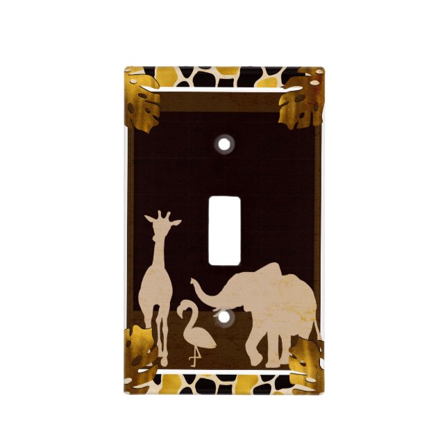 Black Gold Brown Zoo Animals Safari Print Party Light Switch Cover (Front)