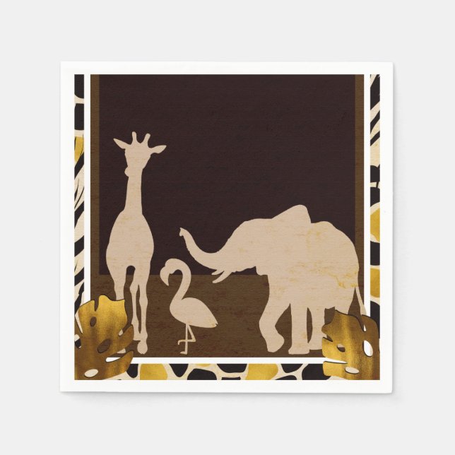 Black Gold Brown Zoo Animals Safari Print Party Napkins (Front)