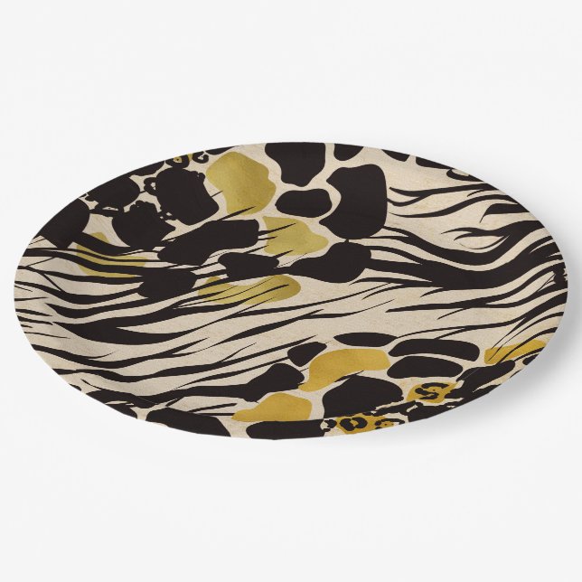 Black Gold Brown Zoo Animals Safari Print Party Paper Plates (Angled)