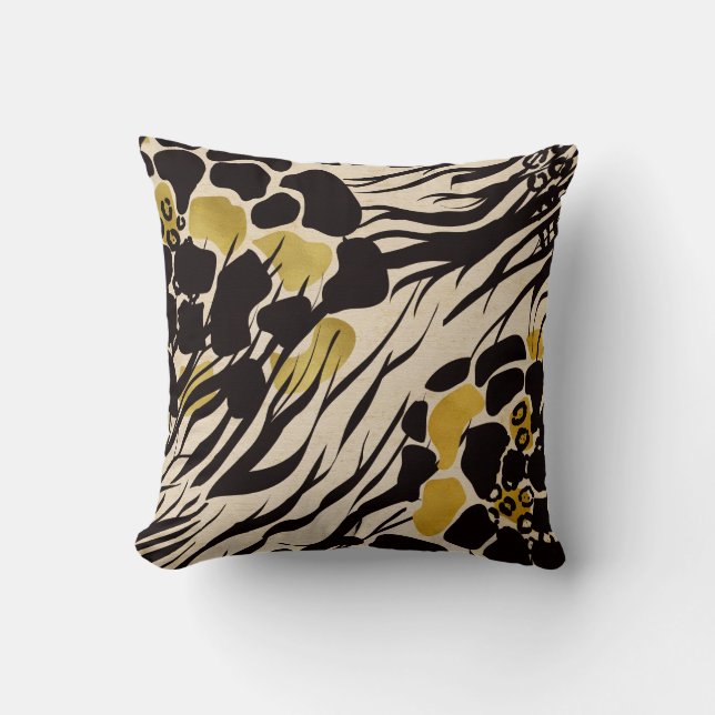 Black Gold Brown Zoo Animals Safari Print Party Throw Pillow (Front)