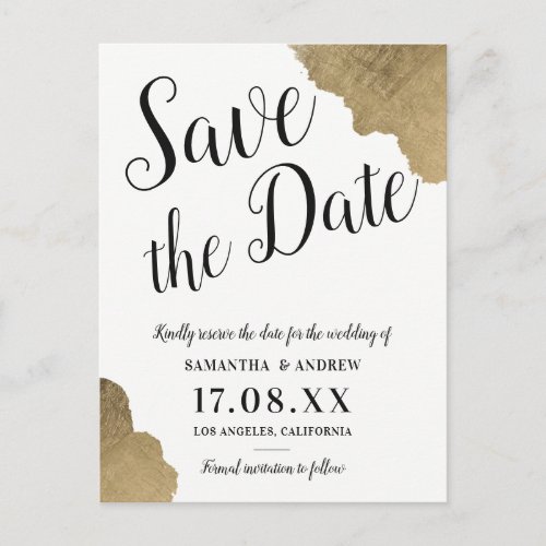 Black gold brush typography wedding save the date announcement postcard
