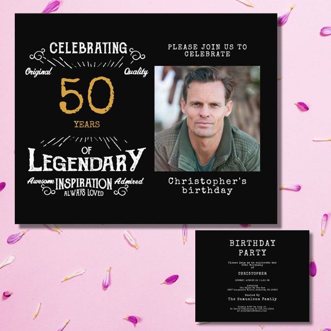 Black Gold Budget 50th Birthday Invitation Flyer (Celebrate the golden age of your loved one's life with this budget-friendly 50th birthday invitation)