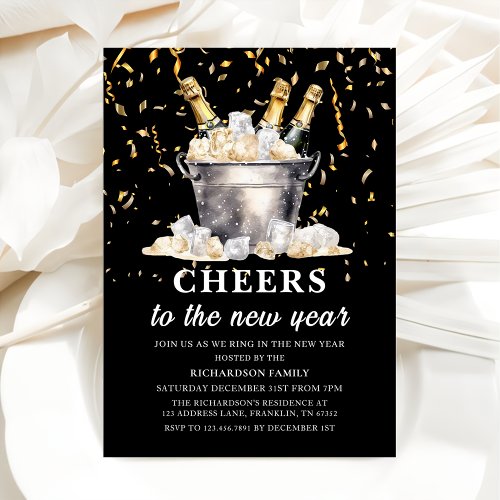 Black Gold Budget Champagne Cheers New Year Party Invitation