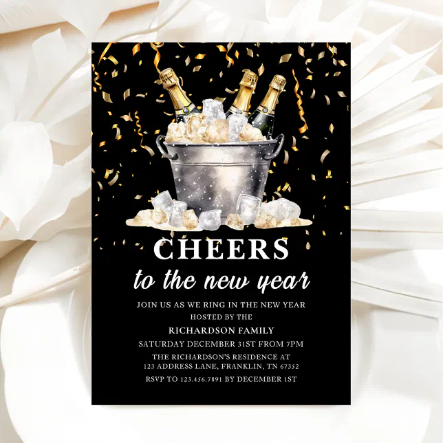 Black Gold Budget Champagne Cheers New Year Party Invitation | Zazzle