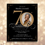 Black Gold Budget Photo 70th Birthday Invitation<br><div class="desc">Black Gold Budget Photo 70th Birthday Invitation. An elegantly designed special birthday celebration invitation,  featuring a custom photo of birthday person and script calligraphy with vintage flourish elements. Simple enough to fit a variety of themes and colors!
Need help? Simply contact me!</div>