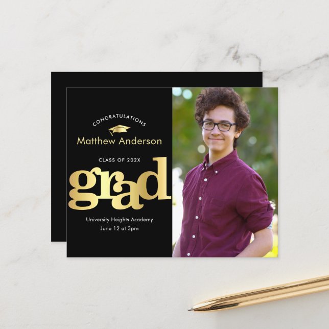 Black gold budget photo bold graduation invitation (Front/Back In Situ)