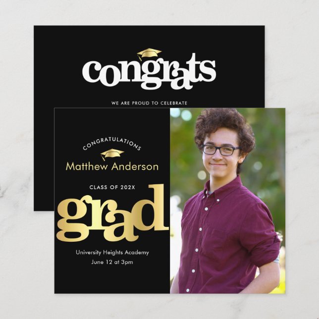 Black gold budget photo bold graduation invitation (Front/Back)