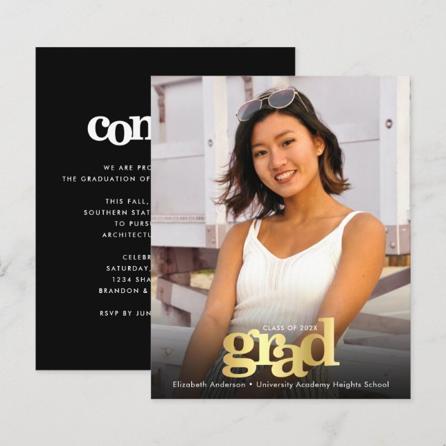 Black gold budget photo graduation bold invitation (Front/Back)