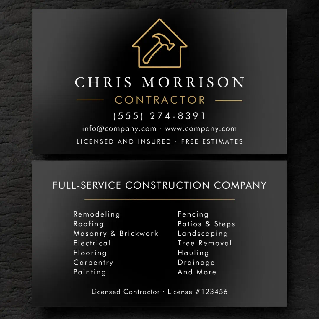 Front and back of an oversized business card is the main view. The card has gold and white text with a hammer inside a stick drawing of a house.