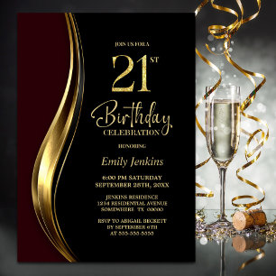 Black Gold Burgundy 21st Birthday Party Invitation