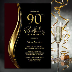 Black Gold Burgundy 90th Birthday Party Invitation