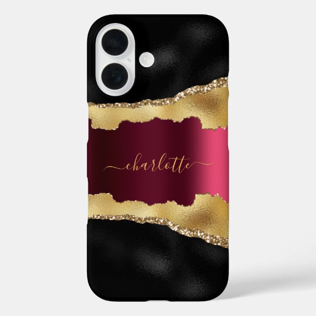 Black gold burgundy agate marble name script Case-Mate iPhone case (Back)