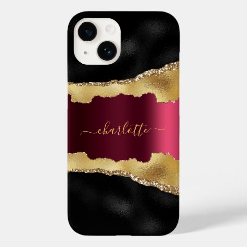 Black gold burgundy agate marble name script Case_Mate iPhone 14 case