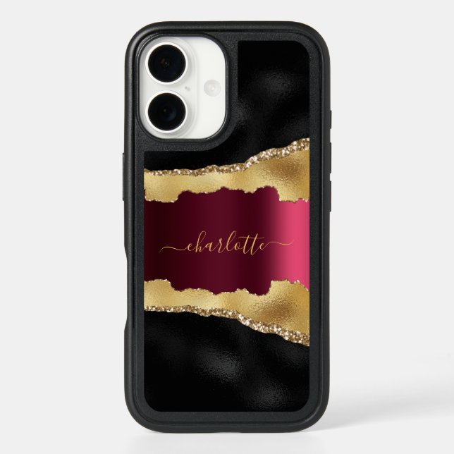 Black gold burgundy agate marble name script otterbox iPhone case (Back)