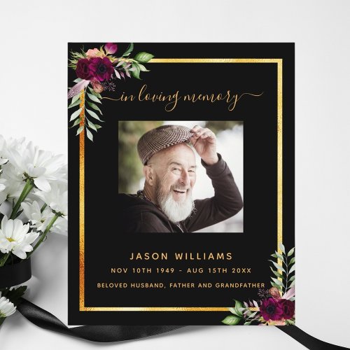 Black gold burgundy floral photo funeral program