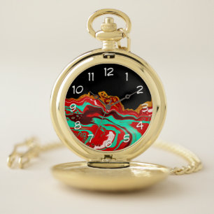 Black, Gold, Burgundy, Marble Art Pocket Watch