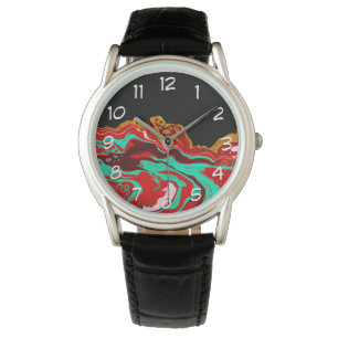 Black, Gold, Burgundy, Marble Art Watch