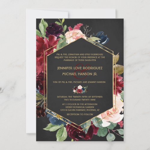 Black Gold Burgundy Merlot Navy Floral Bouquet Invitation