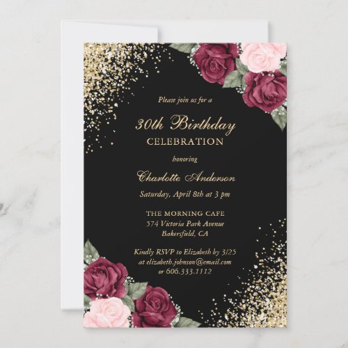 Black Gold Burgundy Pink Floral 30th Birthday Invitation