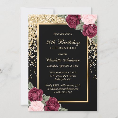 Black Gold Burgundy Pink Floral 30th Birthday Invitation