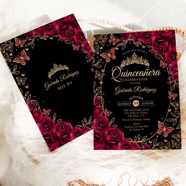Black Gold Burgundy Quinceanera Invitation (Creator Uploaded)