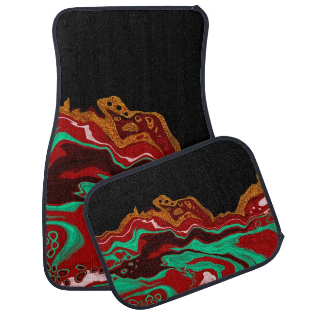 Black, Gold, Burgundy, Teal Marble Fluid Art Car Floor Mat (Set)