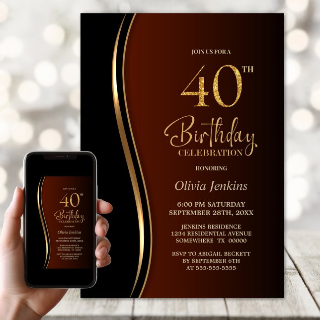 Black Gold Burnt Orange 40th Birthday Party Invitation (Creator Uploaded)