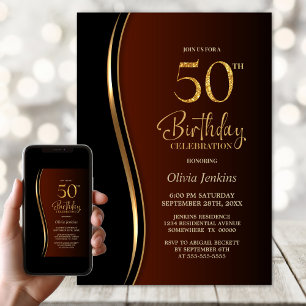 Black Gold Burnt Orange 50th Birthday Party Invitation