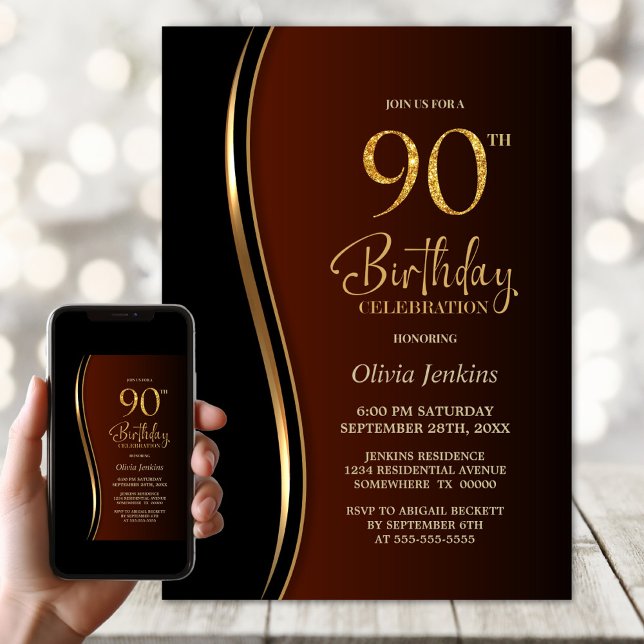 Black Gold Burnt Orange 90th Birthday Party Invitation (Creator Uploaded)