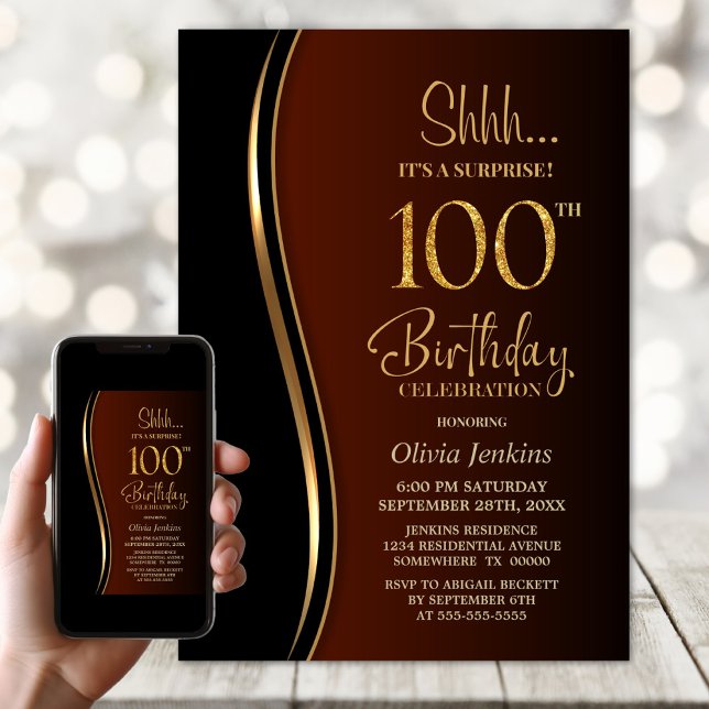 Black Gold Burnt Orange Surprise 100th Birthday Invitation (Creator Uploaded)
