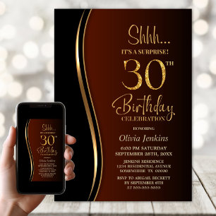 Black Gold Burnt Orange Surprise 30th Birthday Invitation