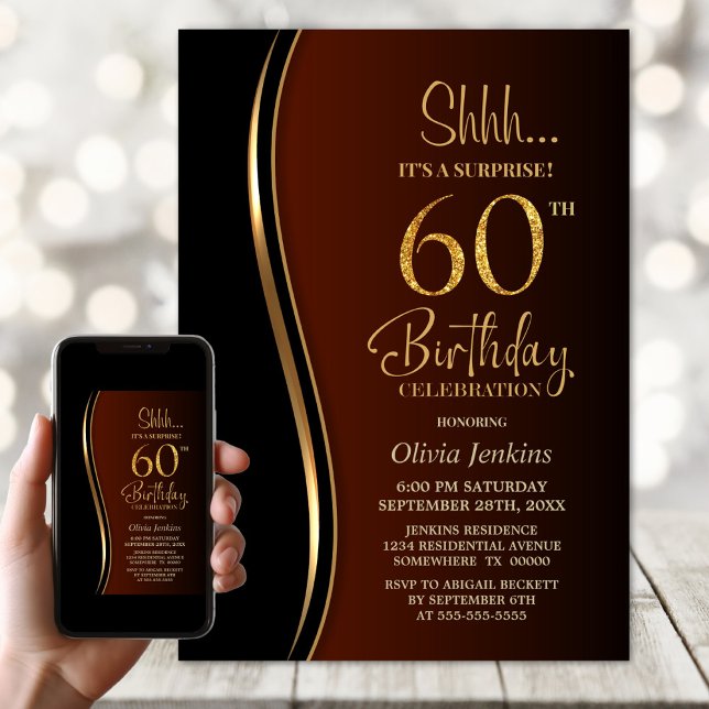Black Gold Burnt Orange Surprise 60th Birthday Invitation (Creator Uploaded)