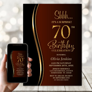 Black Gold Burnt Orange Surprise 70th Birthday Invitation