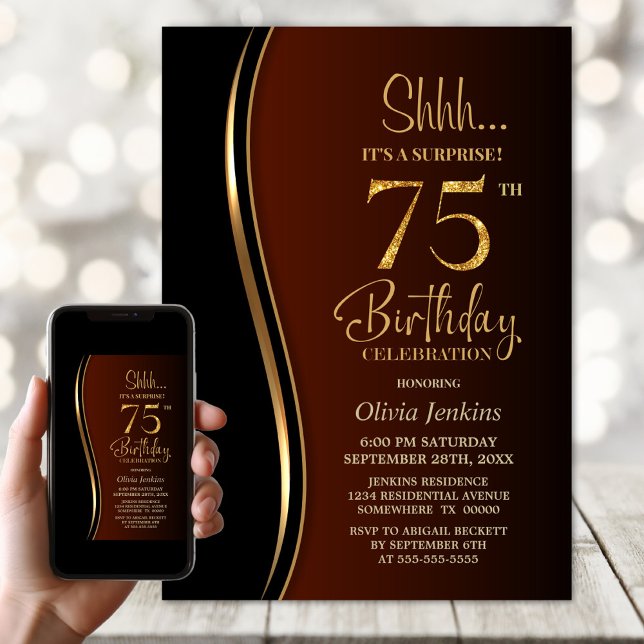 Black Gold Burnt Orange Surprise 75th Birthday Invitation (Creator Uploaded)