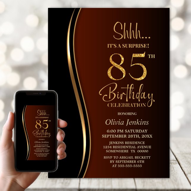 Black Gold Burnt Orange Surprise 85th Birthday Invitation (Creator Uploaded)