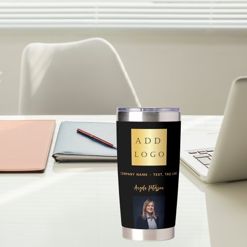 Black gold business logo name signature photo insulated tumbler