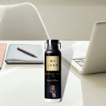 Black gold business logo name signature photo water bottle<br><div class="desc">A black background.  Personalize and add your business logo,  text (or delete)  name and a profile photo. Golden text.</div>