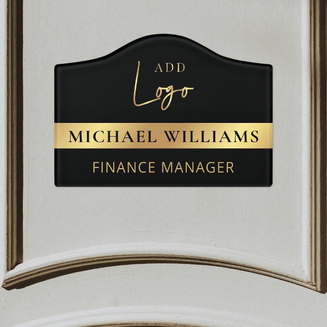 Black & Gold Business Logo Nameplate Plaque Door Sign (Elegant black and gold effect logo, name and title office door sign)