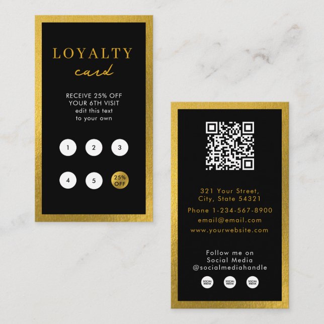 Black Gold Business Simple QR Code Loyalty  Card (Front/Back)