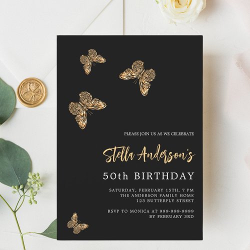 Black gold butterflies birthday invitation