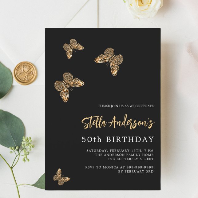 Black gold butterflies birthday invitation (Creator Uploaded)