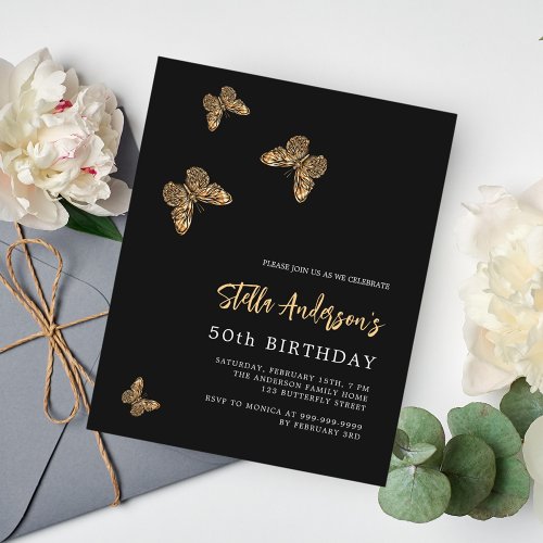 Black gold butterflies budget birthday invitation