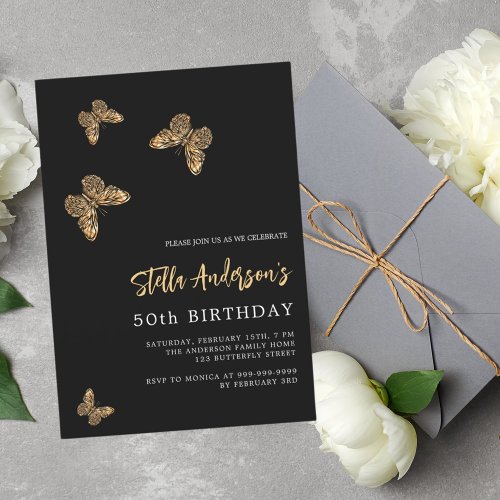 Black gold butterflies luxury birthday invitation